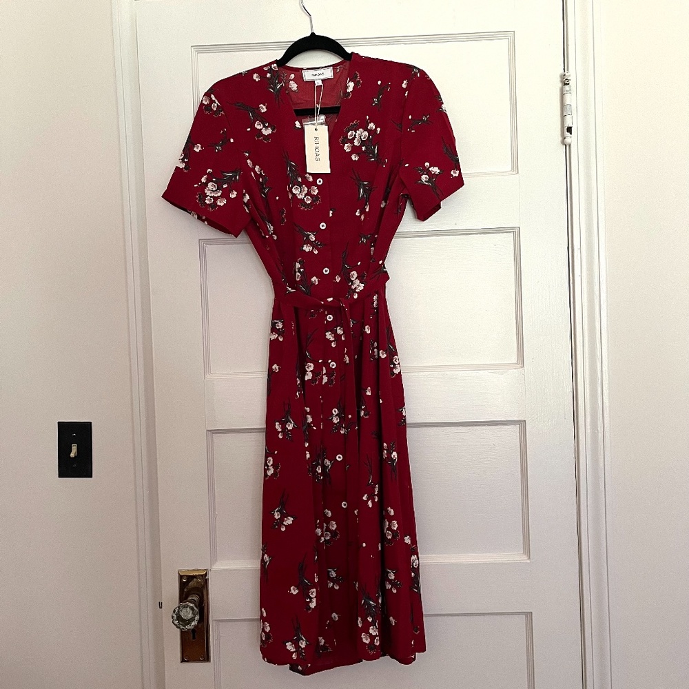NWT Rihoas 1990s style midi dress, red floral, size large